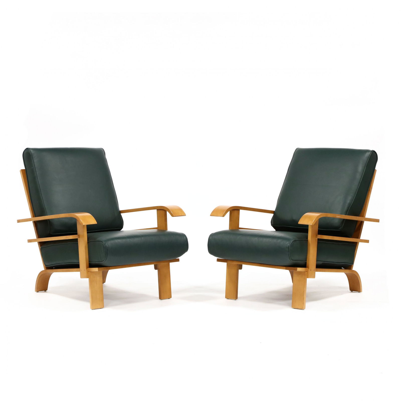 attributed Russel Wright (American, 1904-1976), Pair of: attributed Russel Wright (American, 1904-1976), Pair of Lounge Chairsdesigned in 1935 for Conant Ball, maple frame with dark hunter green leather loose cushions, unmarked. 36 x 28.5 x 39 in., seat hei