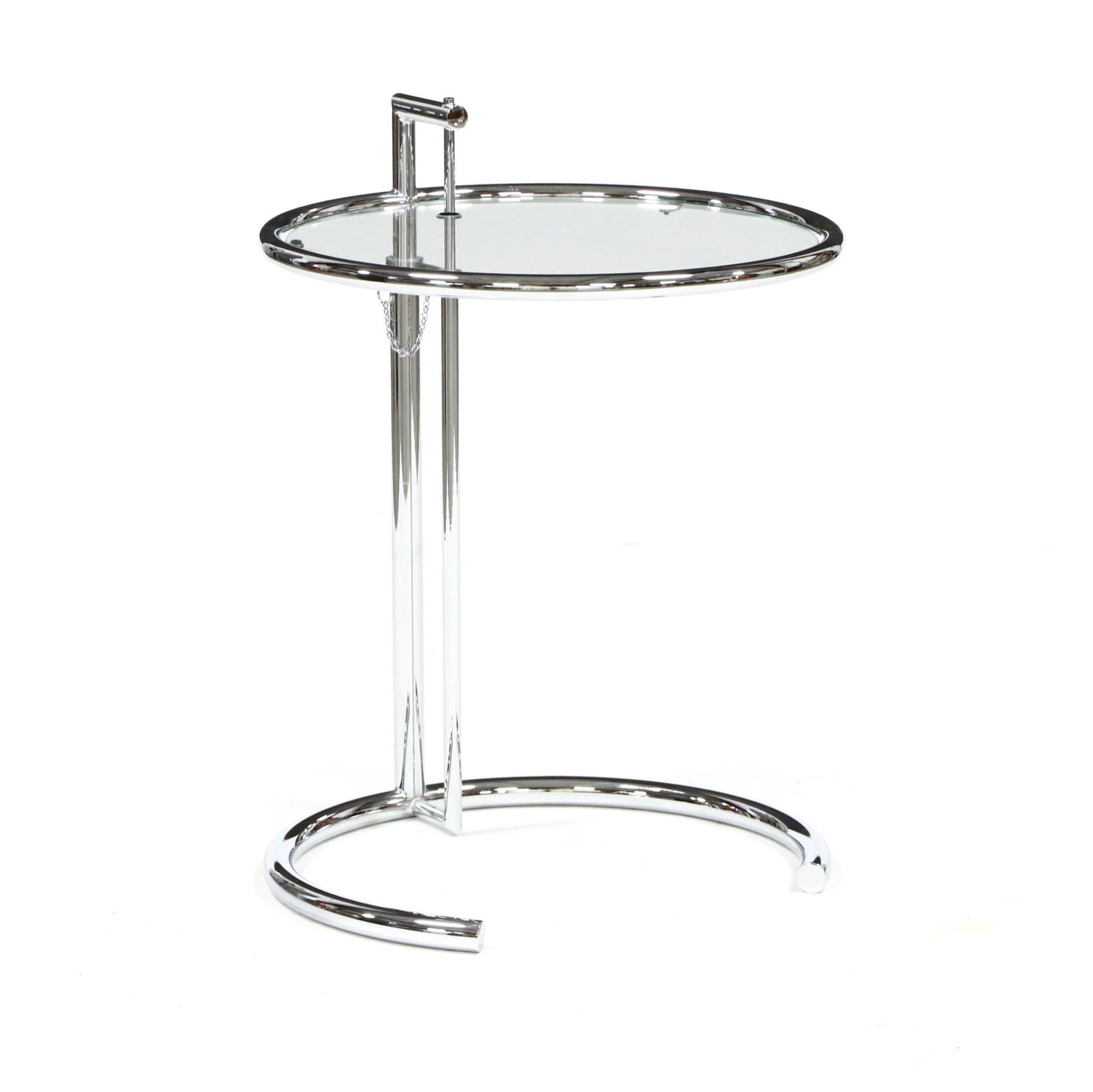 after Eileen Gray, E1027 Side Table: after Eileen Gray, E1027 Side Tablecontemporary, chrome tubular metal frame, inset circular glass top, adjustable height, unmarked. Currently 27 x 20 in. diameter Private Collection, Wilmington, North
