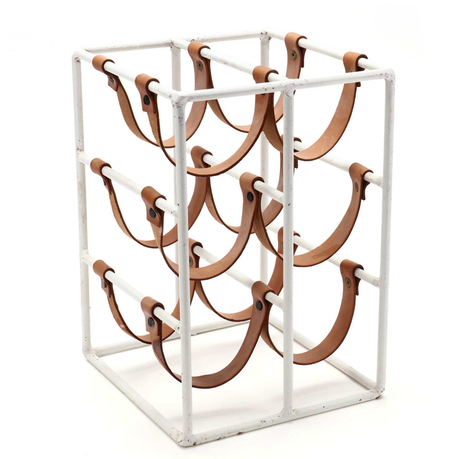 Arthur Umanoff (American, 1923-1985), Wine Rack: Arthur Umanoff (American, 1923-1985), Wine Rackwhite painted iron, tan leather straps, unmarked. 13.5 x 9.5 x 10 in. Additional high-resolution photos are available at www.lelandlittle.com