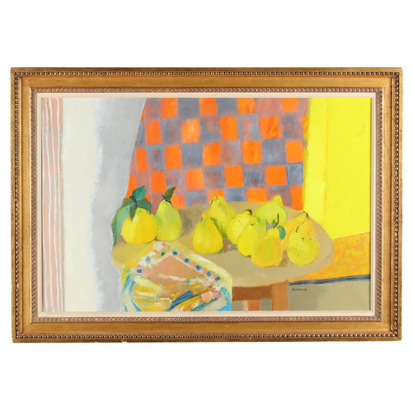 Guy Bardone (French, 1927-2015), Still Life with Pears: Guy Bardone (French, 1927-2015), Still Life with Pearsoil on canvas, signed at lower right, presented in a period gilt frame with linen liner. Frame dimensions 29 1/2 x 42 1/2 in. Guy Bardone was born