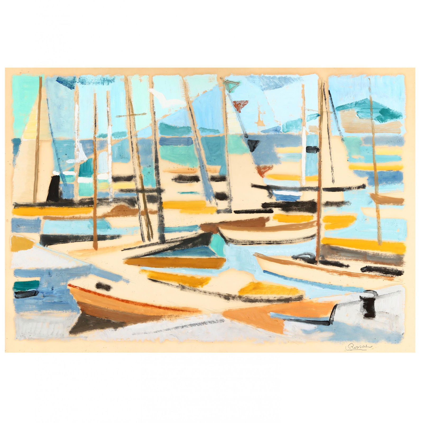 A Vintage French Cubist Painting of Sailboats by L. (1 of 4)
