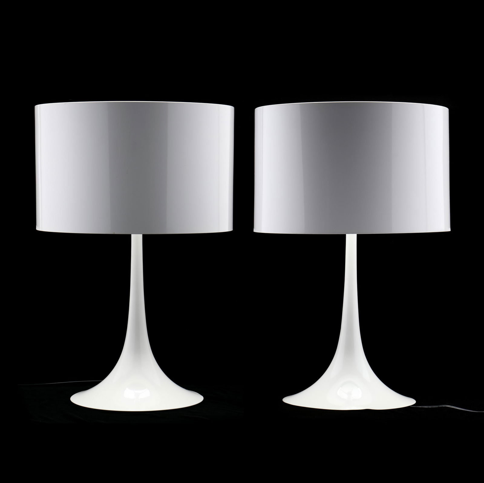 Flos, Pair of Spun Lights: Flos, Pair of Spun Lightsdesigned by Sebastian Wrong in 2003, white painted aluminum shade and base, tri-arm support, with glass diffuser, marked. 26.75 x 18 in. diameter Additional high-resolution p