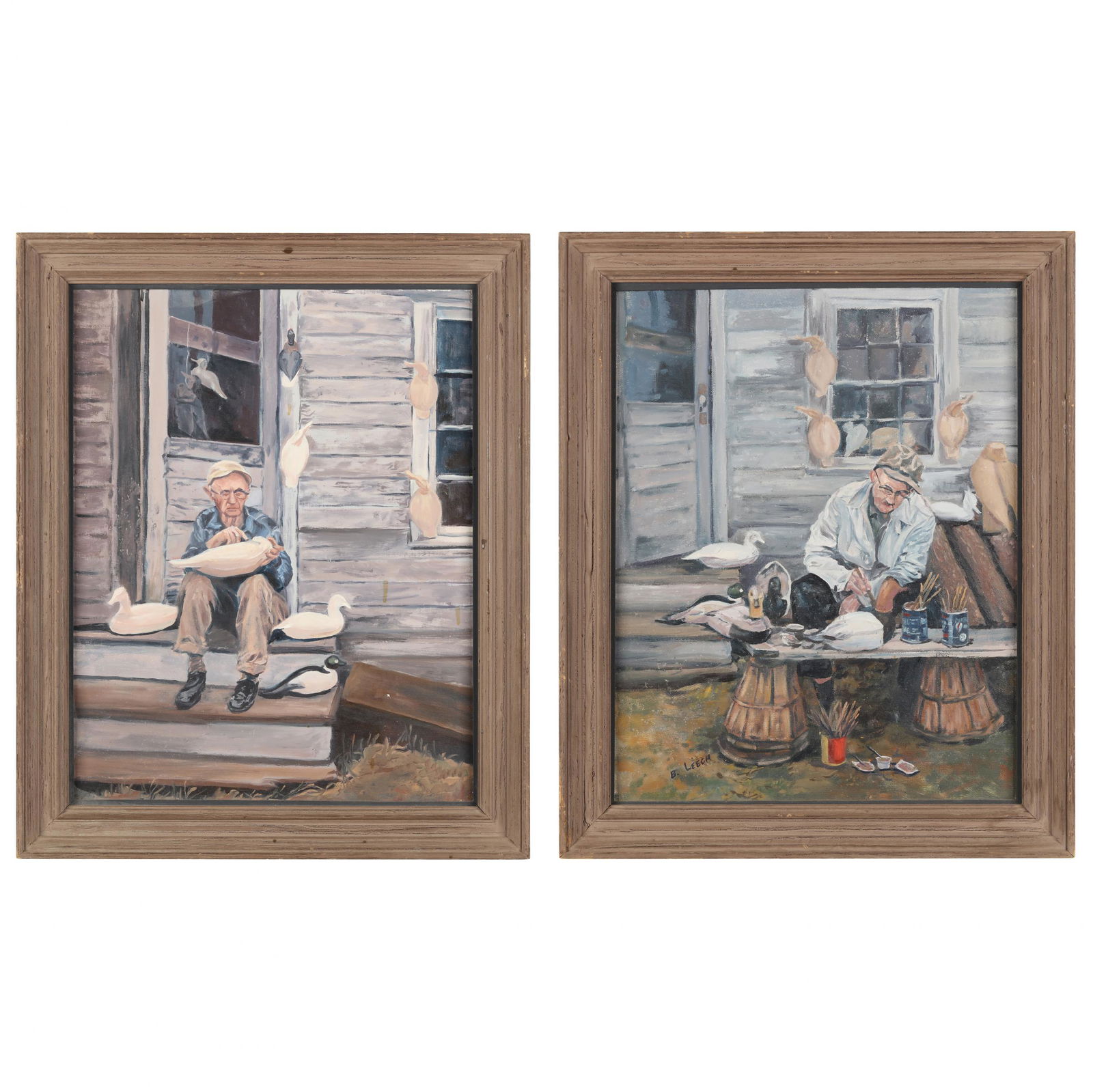 Betty Leech, Two Paintings of Decoy Carvers Steve and: Betty Leech, Two Paintings of Decoy Carvers Steve and Lem Wardmid-century, oil on canvas, depicting the brothers outside their Chrisfield, Maryland studio in process, each ink signed and titled on the