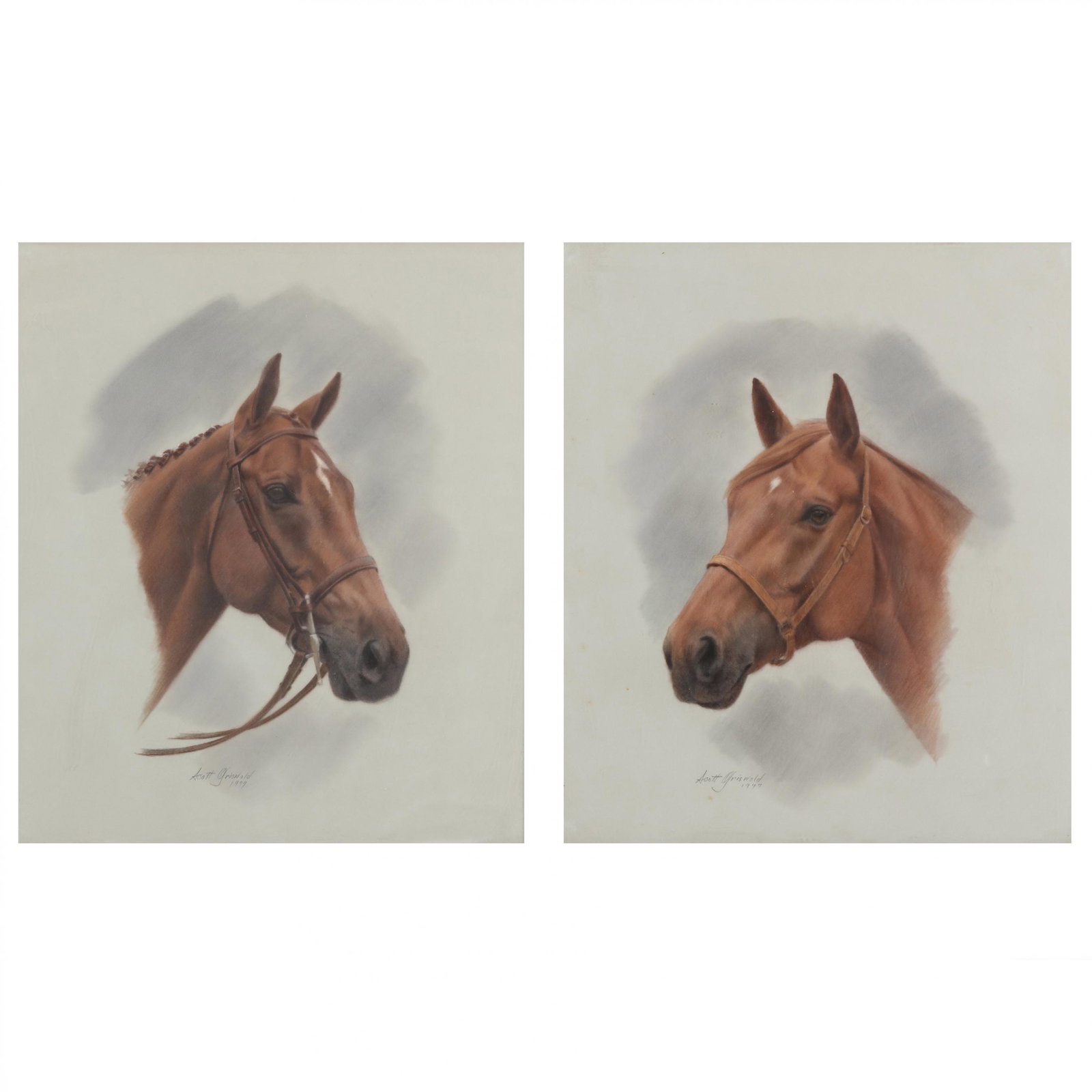 Scott Griswold (American, 20th/21st Century), Pair of: Scott Griswold (American, 20th/21st Century), Pair of Hunt Horse Portraits pastel on paper, 1977, each pencil signed and dated, in uniform matting and framing. Frame dimensions 23 3/4 x 21 1/2 in. Add