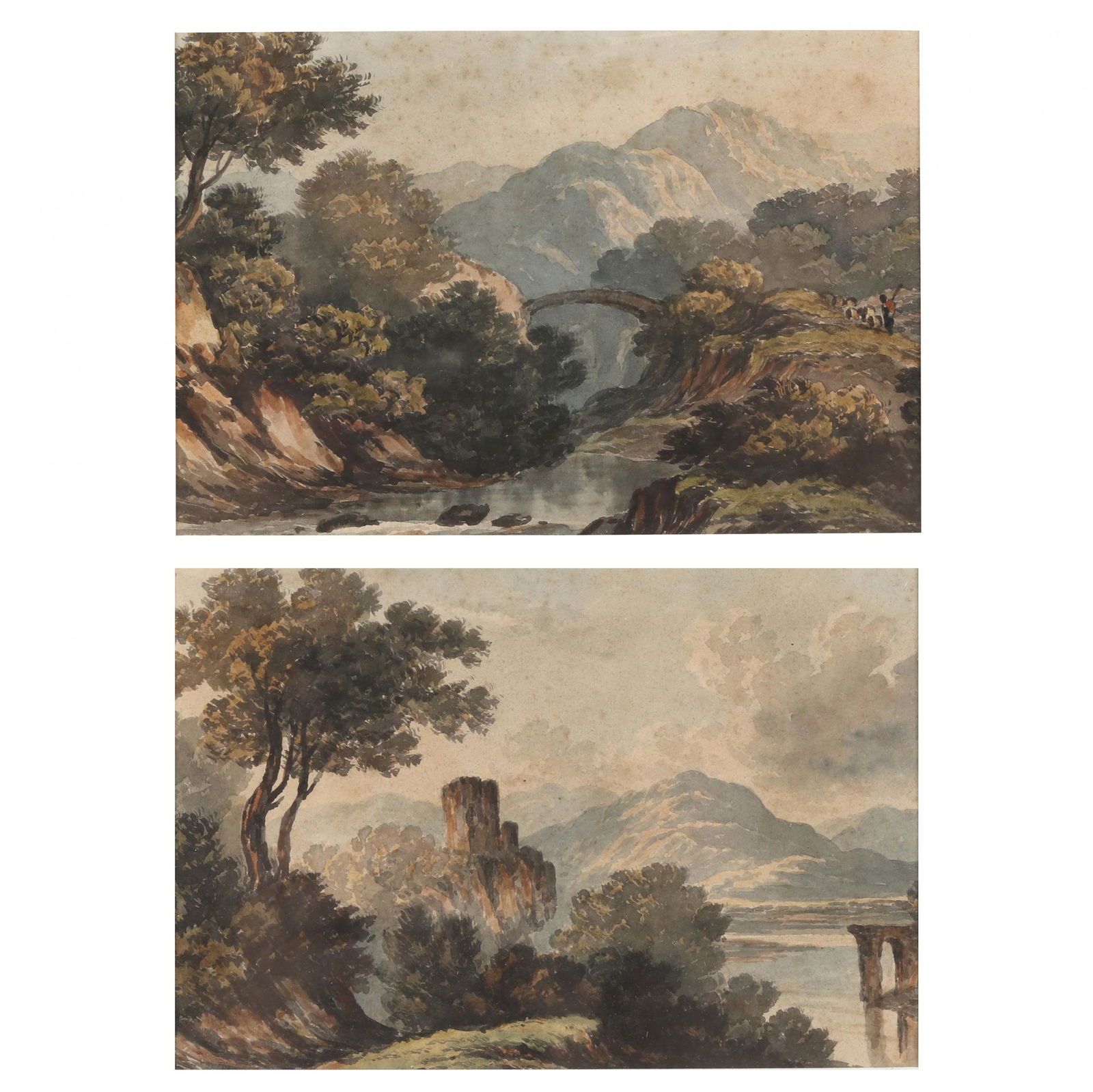 John Varley the Elder (English, 1778-1842), Two: John Varley the Elder (English, 1778-1842), Two Landscapesthe first a watercolor on paper, unsigned, pencil inscribed "View on the Rhine" and "by Coty" in two separate hands to the verso, matted and f