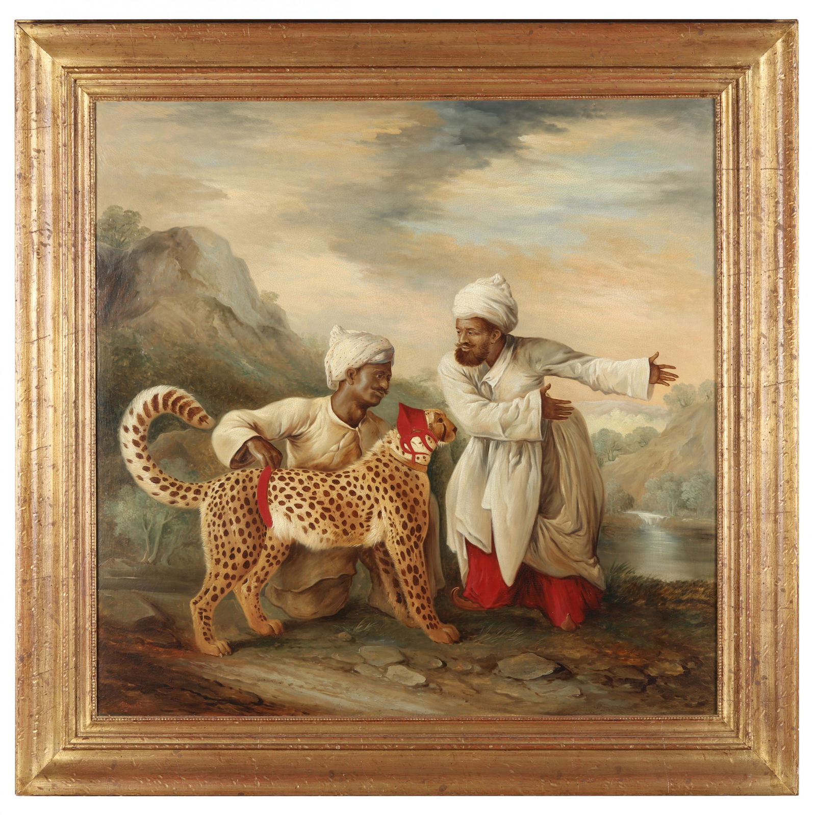 after George Stubbs (English, 1724-1806), Cheetah with: after George Stubbs (English, 1724-1806), Cheetah with Two Indiansoil on canvas, signed at lower left, late 20th century, presented in a gilt frame. Frame dimensions 45 x 44 1/4 in. A contemporary cop