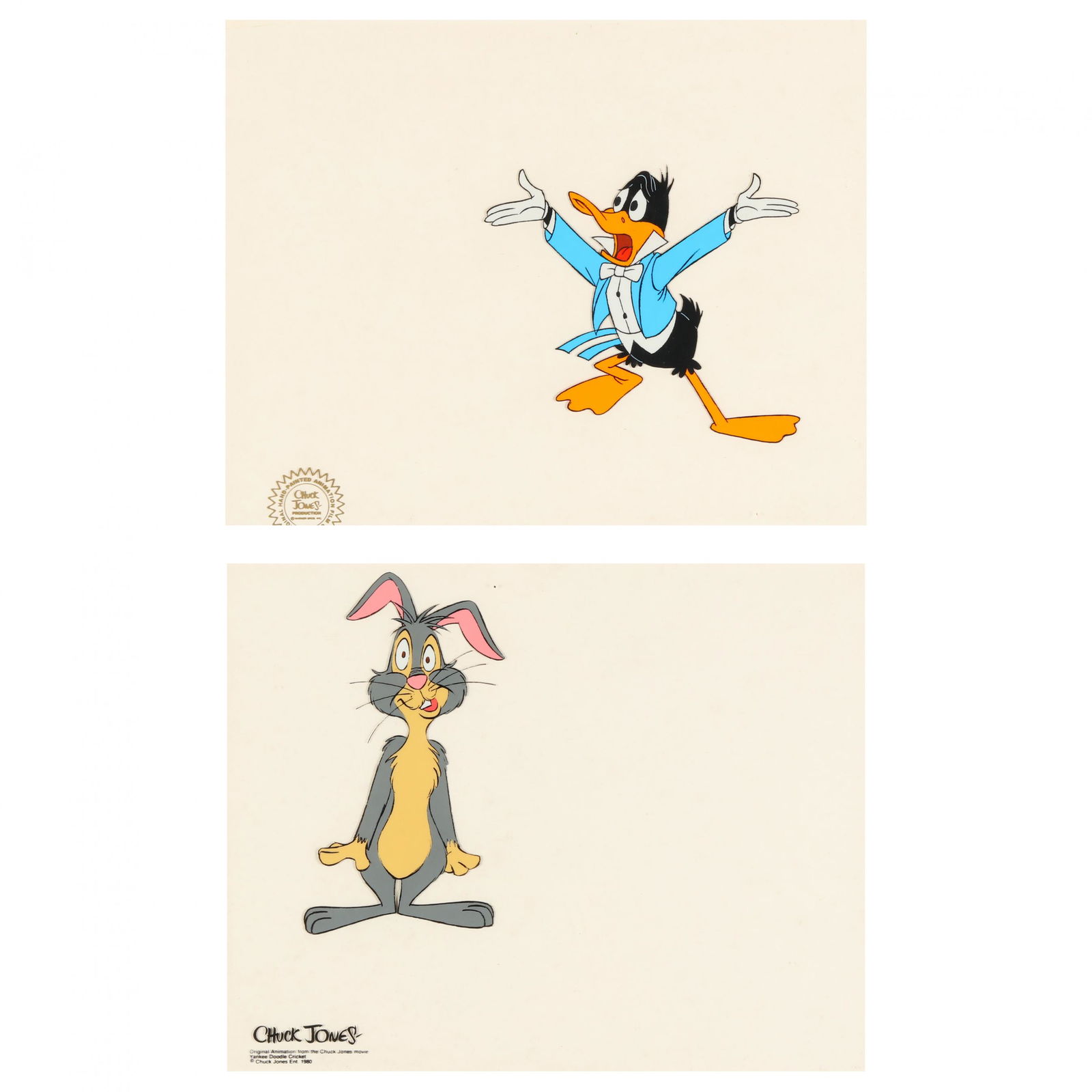 Chuck Jones (American, 1912-2002), Two Animation: Chuck Jones (American, 1912-2002), Two Animation Sericelsto include a design for Yankee Doodle Cricket dated 1980, to also include a Warner Bros. Sericel, each with information at lower left, in unifo