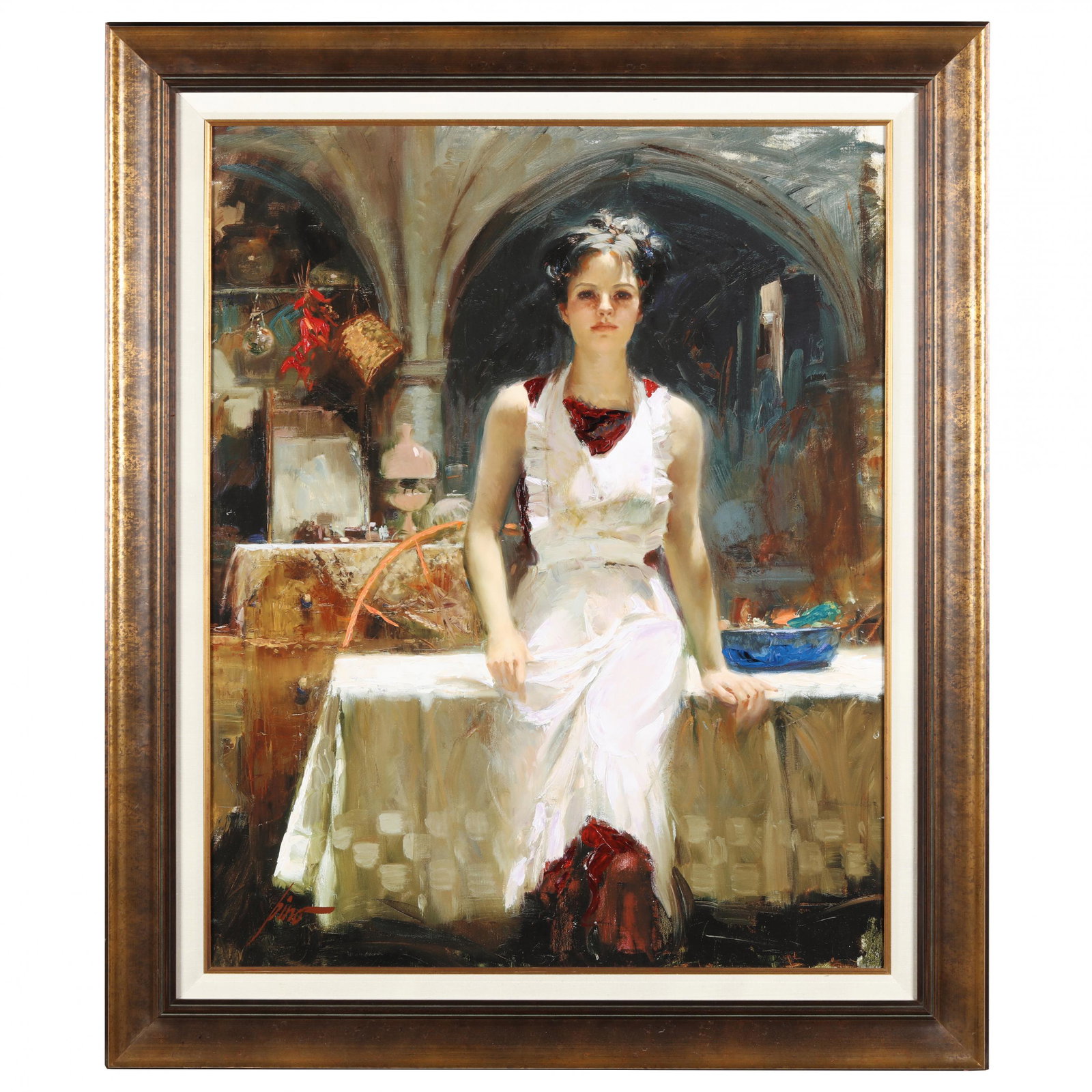 Pino Daeni (American/Italian, 1939-2010), Deborah: Pino Daeni (American/Italian, 1939-2010), Deborah Revisited hand-embellished giclÃ©e on canvas, with printed signature at lower left, artist also known as Giuseppe Dangelico Daeni or "Pino," framed.