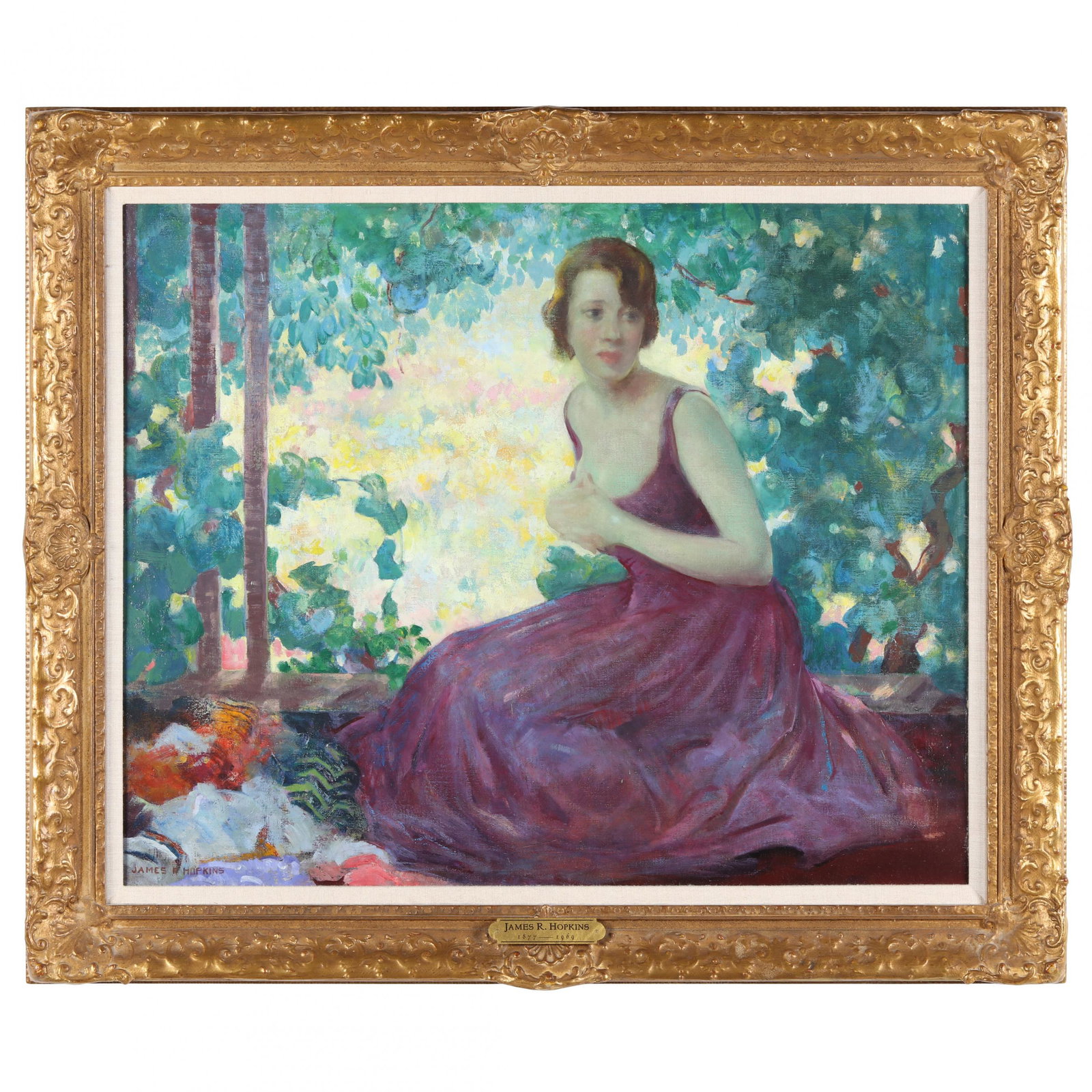 James Roy Hopkins (American, 1877-1969), Woman Seated: James Roy Hopkins (American, 1877-1969), Woman Seated in Violet Dressoil on canvas, signed at lower left, presented in a later period appropriate gilt frame with gallery plaque. Stretcher size 26 x 32