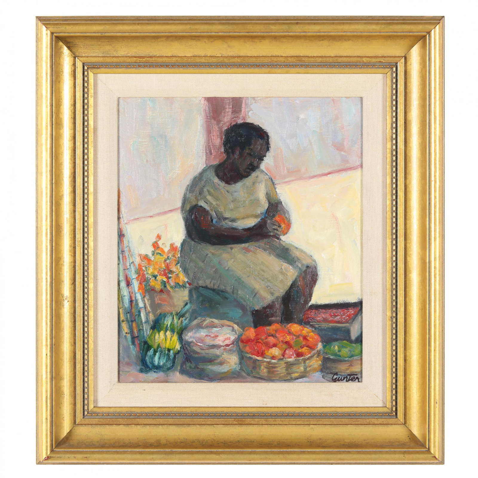 Lester Gunter (Jamaican, b. 1936), Fruit Seller: Lester Gunter (Jamaican, b. 1936), Fruit Selleroil on Masonite, signed at lower right, presented in a gilt frame with linen liner. Panel 12 3/4 x 11 in.; Frame dimensions 19 x 17 1/4 in. Lester Gunter