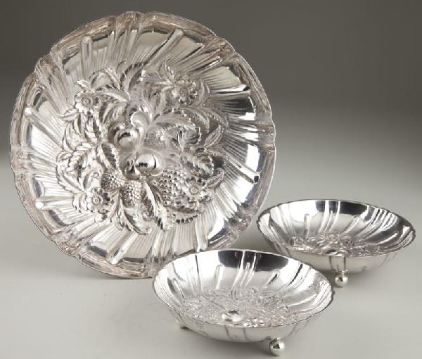 S. Kirk & Son Sterling Fruit Bowl & (2) Side Bowls: S. Kirk & Son Sterling Fruit Bowl & (2) Side Bowls this high relief repousse spiral lobed bowl is a wonder of detail with hand decorated flowers, grapes, melons, strawberry and various leaves covering