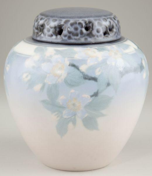 Rookwood Pottery Ginger Jar, 1929: Rookwood Pottery Ginger Jar, 1929 in an attractive vellum glaze with hand-painted flowering branches surrounding shoulder, complete with original inner lid and pierced cover, incised "V" for Vellum gl