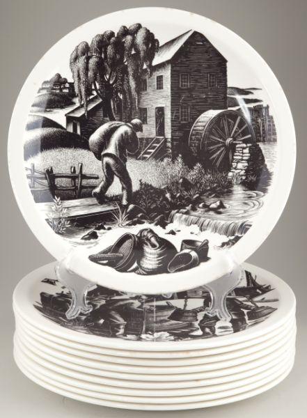 Clare Leighton "New England Industries" Plates: Clare Leighton "New England Industries" Plates English Wedgwood, set of (10), mid 20th century, each depicting a Leighton occupational woodcut on the face with descriptive text on the underside. 10.5 