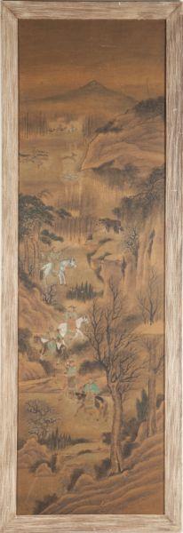 Antique Chinese Painting on Linen: Antique Chinese Painting on Linen a rugged landscape is crossed by mounted hunters and a distant string of Bactrian camels. The painting is laid down and professionally mounted in a distressed wooden 