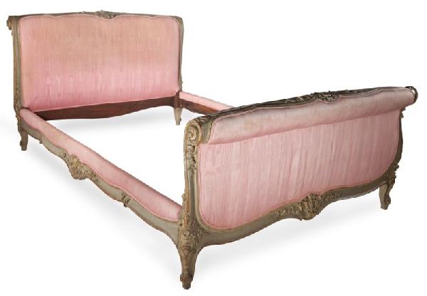 Louis XV Style Painted Bed, circa 1910: Louis XV Style Painted Bed, circa 1910 paint over hardwood, paint with appropriate wear that enhances the relief carving throughout, scrolled headboard with relief carved cartouche terminating with ro