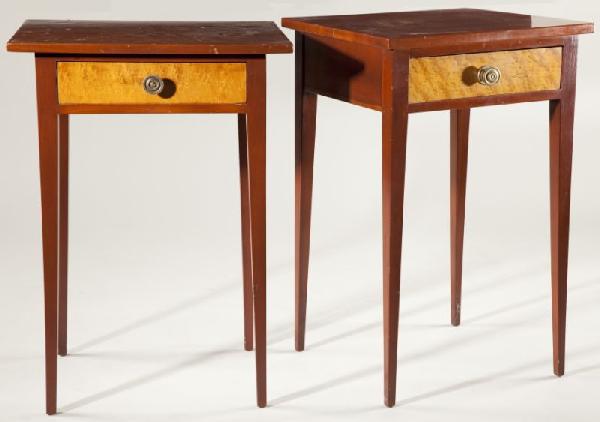 Two Similar American Hepplewhite Side Stands: Two Similar American Hepplewhite Side Stands early 19th century, cherry with solid figured maple drawer fronts, straight tapered legs. 28 x 20 x 16.5 and 28.5 x 18 x 17 in. Tops reset; replaced pulls;