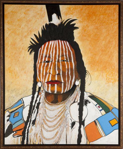 Kevin Red Star (MT/NM, b. 1943), "Takes His Guns": Kevin Red Star (MT/NM, b. 1943), "Takes His Guns" acrylic on canvas, signed at lower right "Kevin Red Star," framed. Born on the Crow Indian Reservation in Lodge Grass, Montana, Kevin Red Star was one