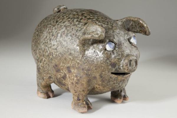 GA Folk Pottery, Cleater & Billie Meaders Pig: GA Folk Pottery, Cleater & Billie Meaders Pig with open mouth, inset blue eyes with inscribed eyelashes, signed and dated on the belly "Cleater and Billie Meaders 29-?-1999." Great glaze! 5 x 7 x 5 in