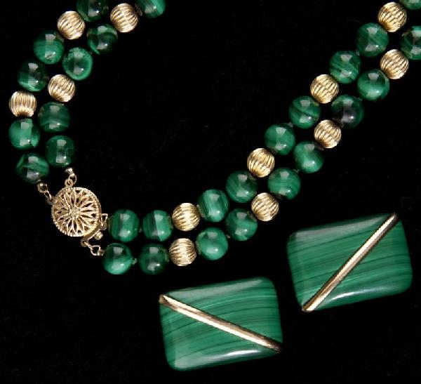 Malachite Necklace and Earclips: Malachite Necklace and Earclips consisting of a double strand malachite bead necklace set with 76 malachite beads, spaced in between every two with a fluted gold bead, completed by a round filigree go