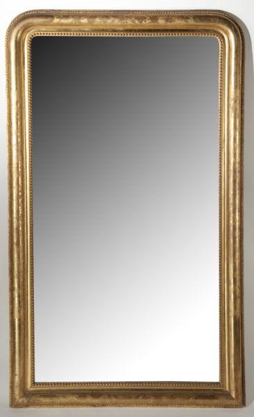 Antique Pier Mirror: Antique Pier Mirror 19th century, gilt gesso composition frame, having a rope twist outer border, a convex inner molding decorated with incised and tinted floral motif, and a beaded liner. 82 x 49 in.