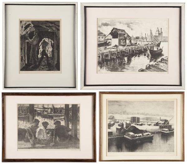 George Beline (NY, 1887-1971), Four Lithographs: George Beline (NY, 1887-1971), Four Lithographs each signed and titled in pencil, titles include: "Harlem River in Winter" (#1/10); "Miners" (#1/10); "Old Wharfs in Gloucester, Mass." (unnumbered); an