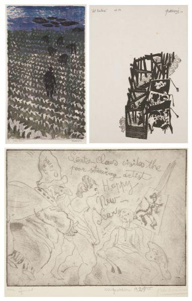 Three Works by Antonio Frasconi & Jules Pascin: Three Works by Antonio Frasconi & Jules Pascin the first titled "Lettuce Workers V," woodcut with colors, signed and annotated along the lower margin "A.P. 'Lettuce Workers V' Frasconi 53," unframed (