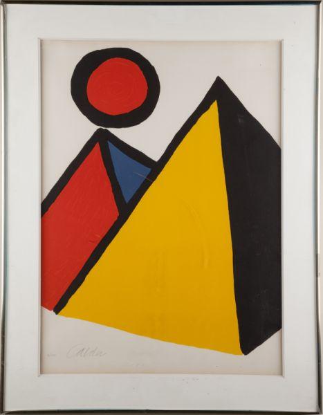 Alexander Calder (NY, 1898-1976), "Dark Pyramid": Alexander Calder (NY, 1898-1976), "Dark Pyramid" lithograph in color, pencil signed and numbered 3/150, circa 1977, matted and framed under plexiglass. Accompanied by the certificate of authenticity f