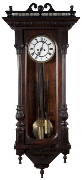 Victorian Regulator Wall Clock: Victorian Regulator Wall Clock unsigned porcelain dial, time and strike brass movement, mahogany and mahogany veneers, (2) half Corinthian columns on the door, glass side panels, baluster pediment. 44
