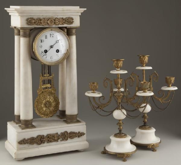 French Empire Portico Mantel Clock Garniture Set: French Empire Portico Mantel Clock Garniture Set 19th century, unsigned dial, brass time and strike movement carries the "Jules Rolez Limited / Paris" stamp, marble four-column form with matching pedi