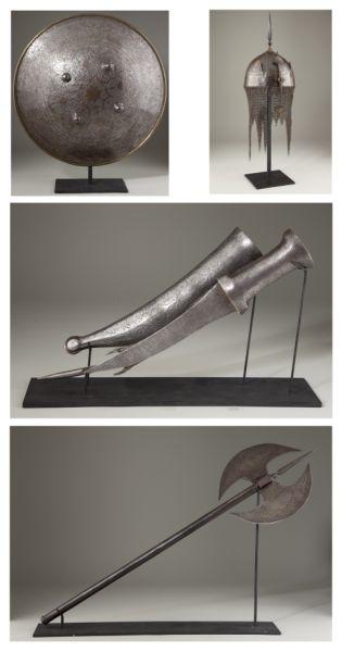 Indo-Persian Armor and Weapons: Indo-Persian Armor and Weapons as follows: damscened steel spiked helmet, with fully engraved, gilt-highlighted surfaces, adjustable nasal, plume sockets, chain mail neck guard (22.5 in. with mail), l