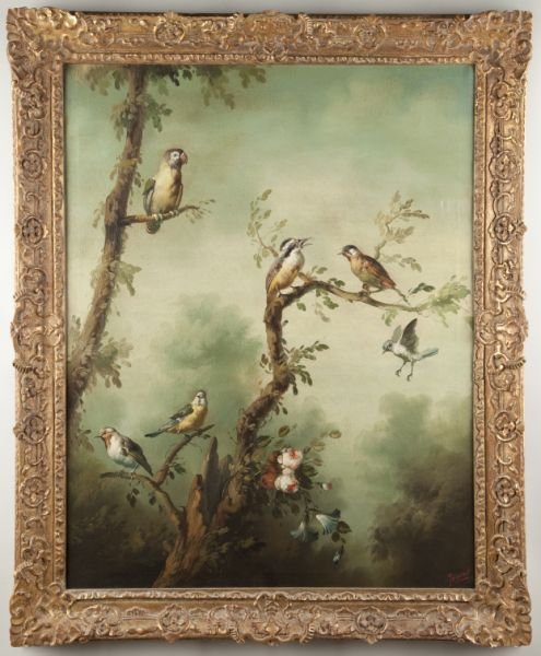 Ira Monte (Spanish, b. 1918), Birds of Paradise: Ira Monte (Spanish, b. 1918), Birds of Paradise oil on canvas, signed lower right "Ira Monte," depicts birds among branches and flowers against an atmospheric background, housed in an attractive gilt