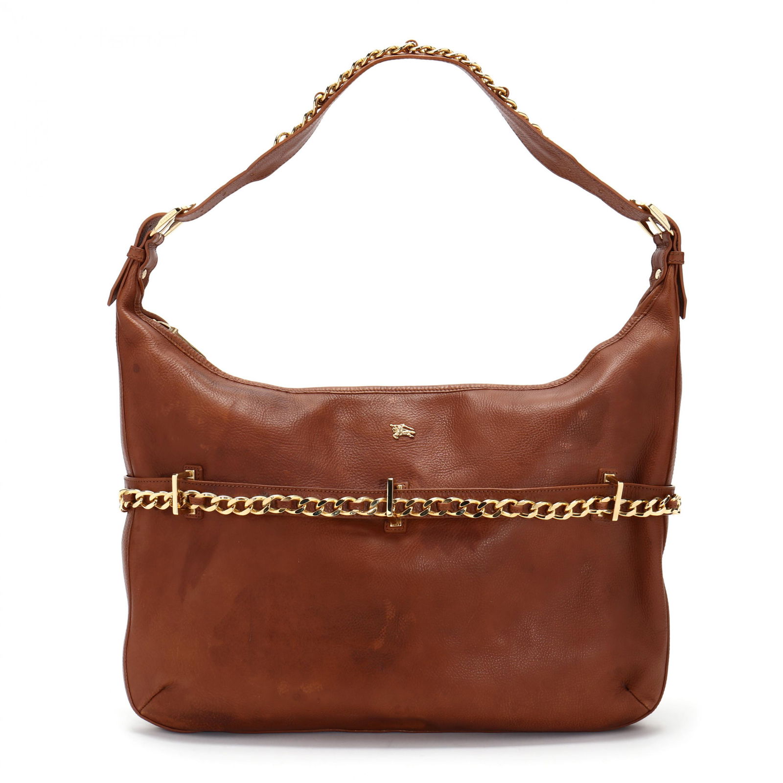 Pebbled Leather Hobo Bag, Burberry: Pebbled Leather Hobo Bag, Burberrymade in Italy, a large link gold tone chain spans the front and is repeated on the adjustable strap, top zipper closure, fabric lined interior with front and rear wal