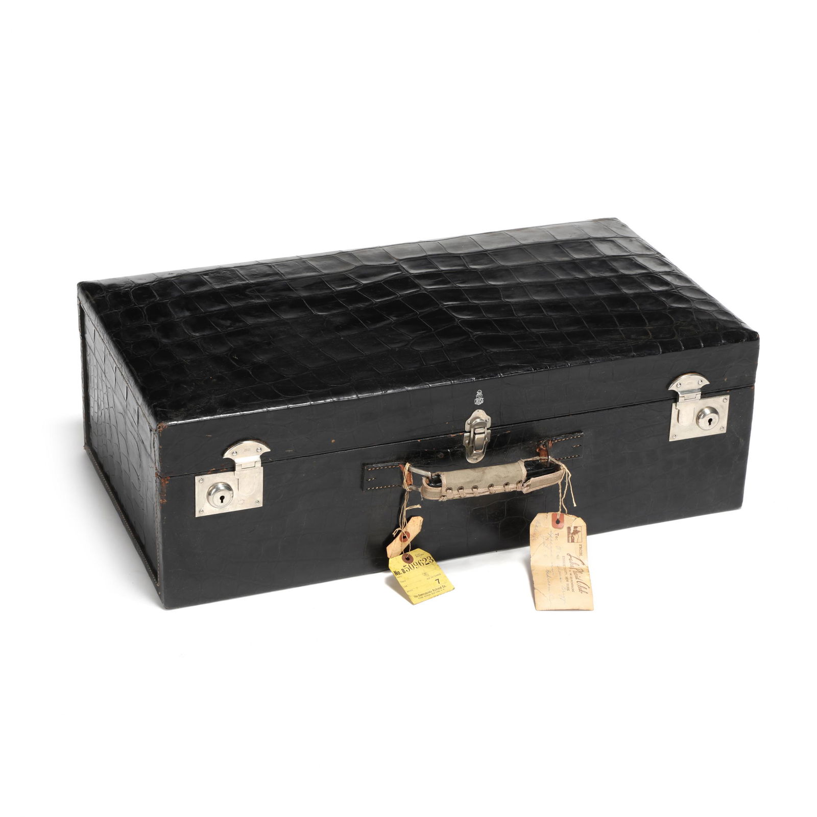 Vintage Black Crocodile Train Case, Mark Cross: Vintage Black Crocodile Train Case, Mark Cross1950s or earlier, three lock exterior, the fabric lined interior features elasticized lid pocket, removable tray above open interior with side pockets, eq