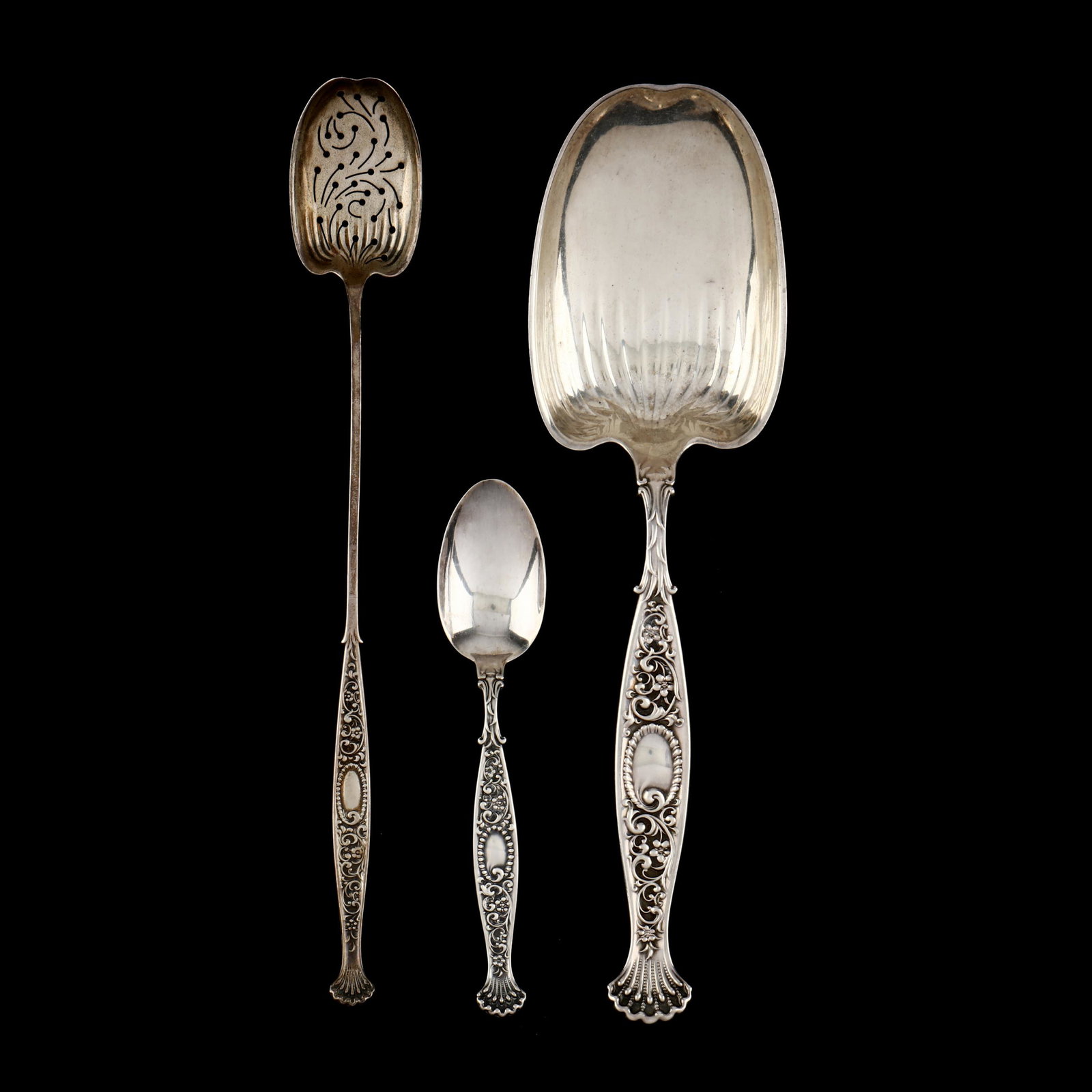 Three Whiting Manufacturing Co. Hyperion Spoons: Three Whiting Manufacturing Co. Hyperion Spoons to include: salad spoon with retailer mark of Shreve, Crump & Low (9 1/8 in.); olive spoon (9 1/8 in.); five o'clock teaspoon (5 1/4 in.); no monograms.