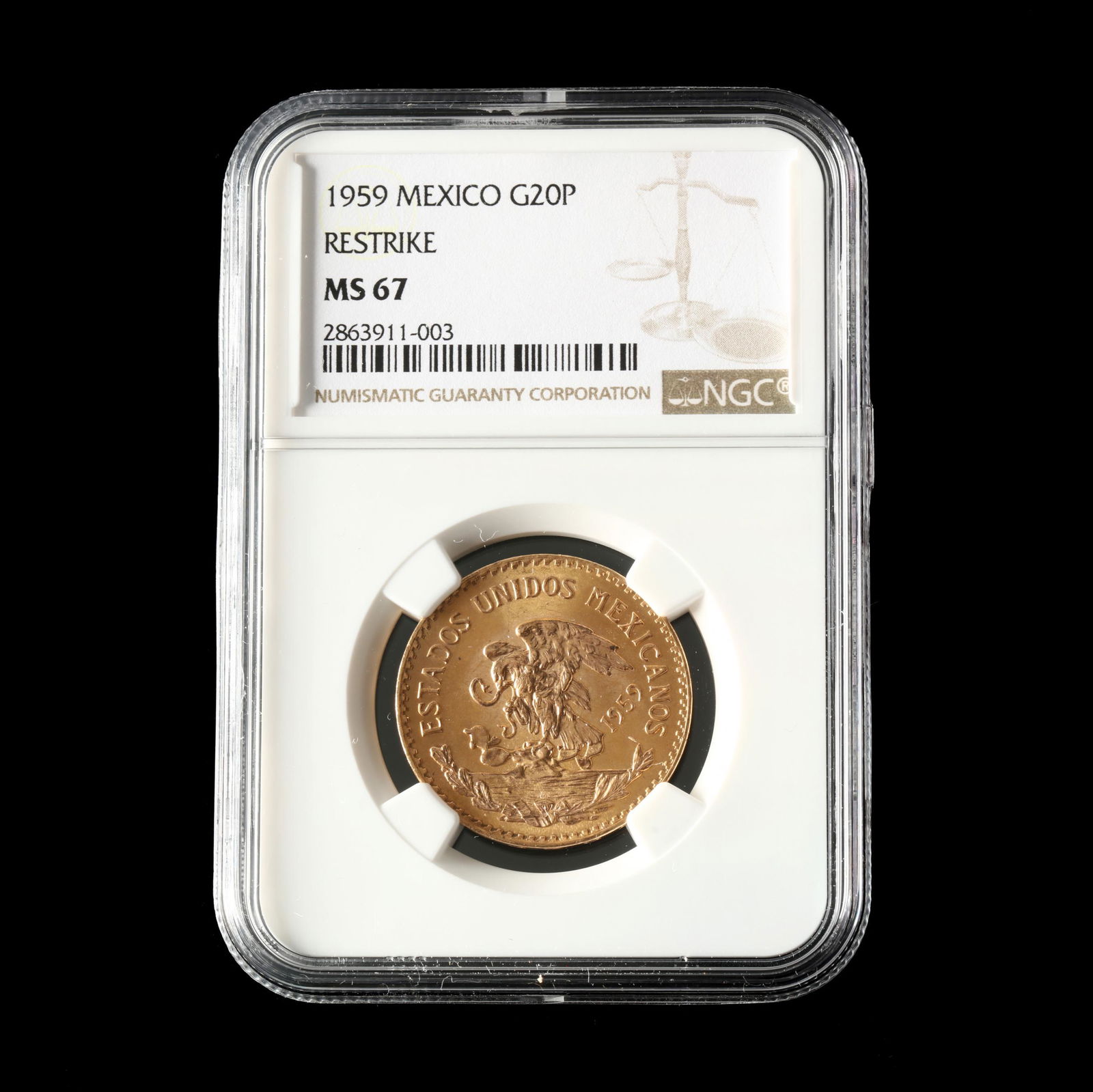 Mexico, 1959 Gold 20 Peso Restrike, NGC MS67 (1 of 2)