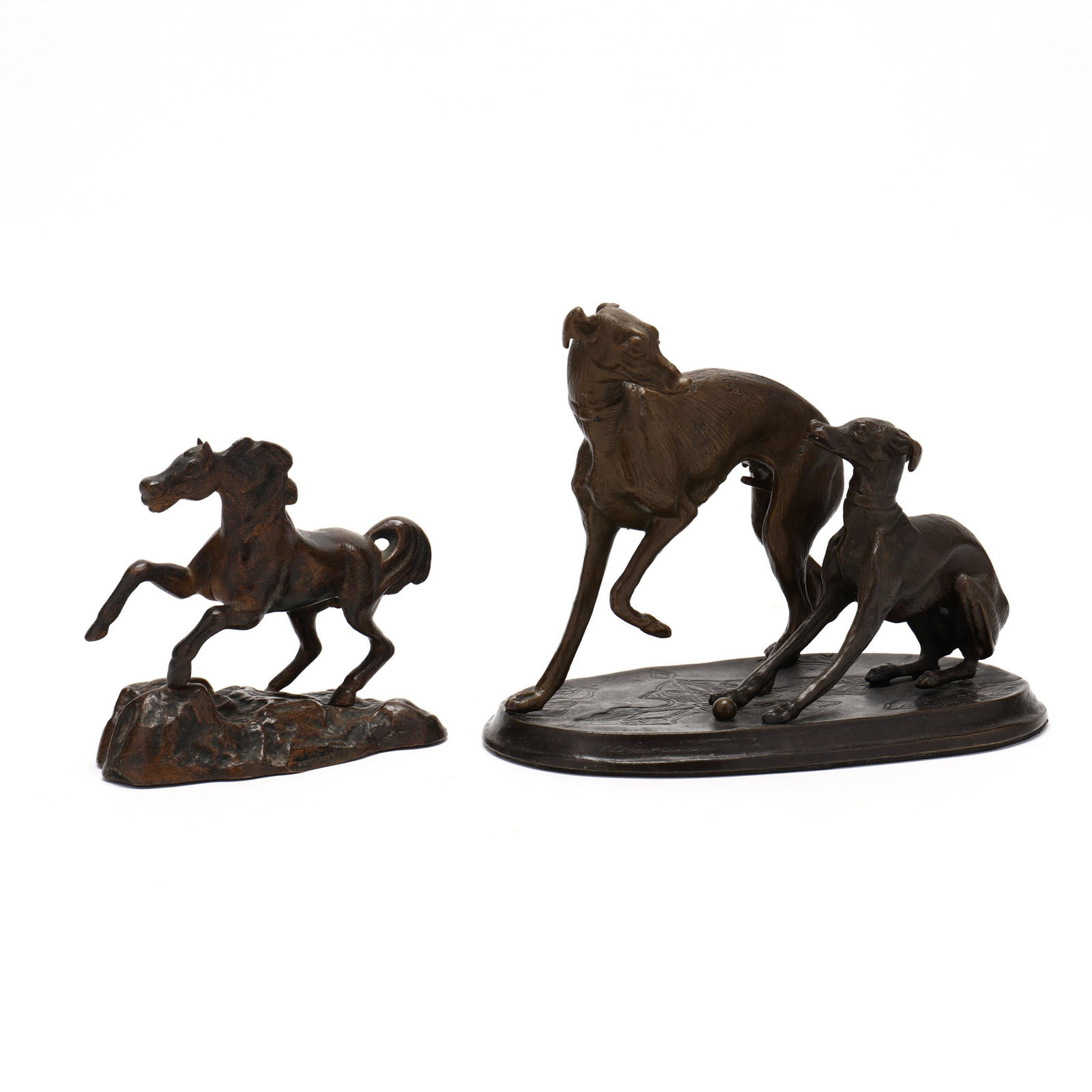 Bronze of Two Whippets and Cast Iron Horse Sculpture (1 of 7)