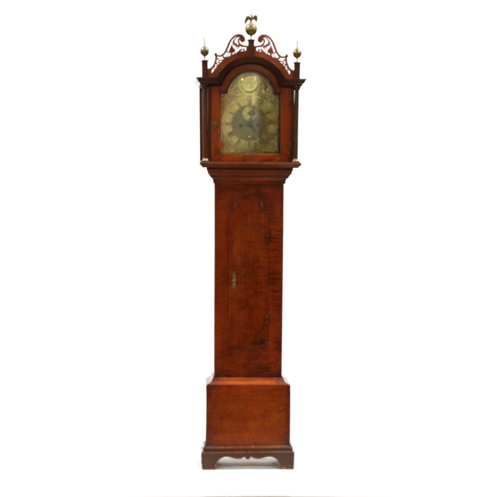Federal Tiger Maple Tall Case Clock: Federal Tiger Maple Tall Case Clockcirca 1800, white pine secondary, an attributed New England case now together with an associated James Smith London brass clock face and works, pierced fret pediment