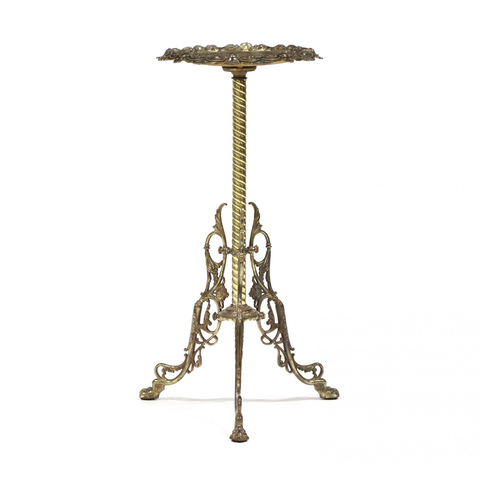 Bradley & Hubbard, Cast Brass Stand: Bradley & Hubbard, Cast Brass Stand late 19th century, circular top with pierced scalloped edge featuring cherub heads, spiral twist standard, tripod base with pierced foliate design, on paw feet, mar