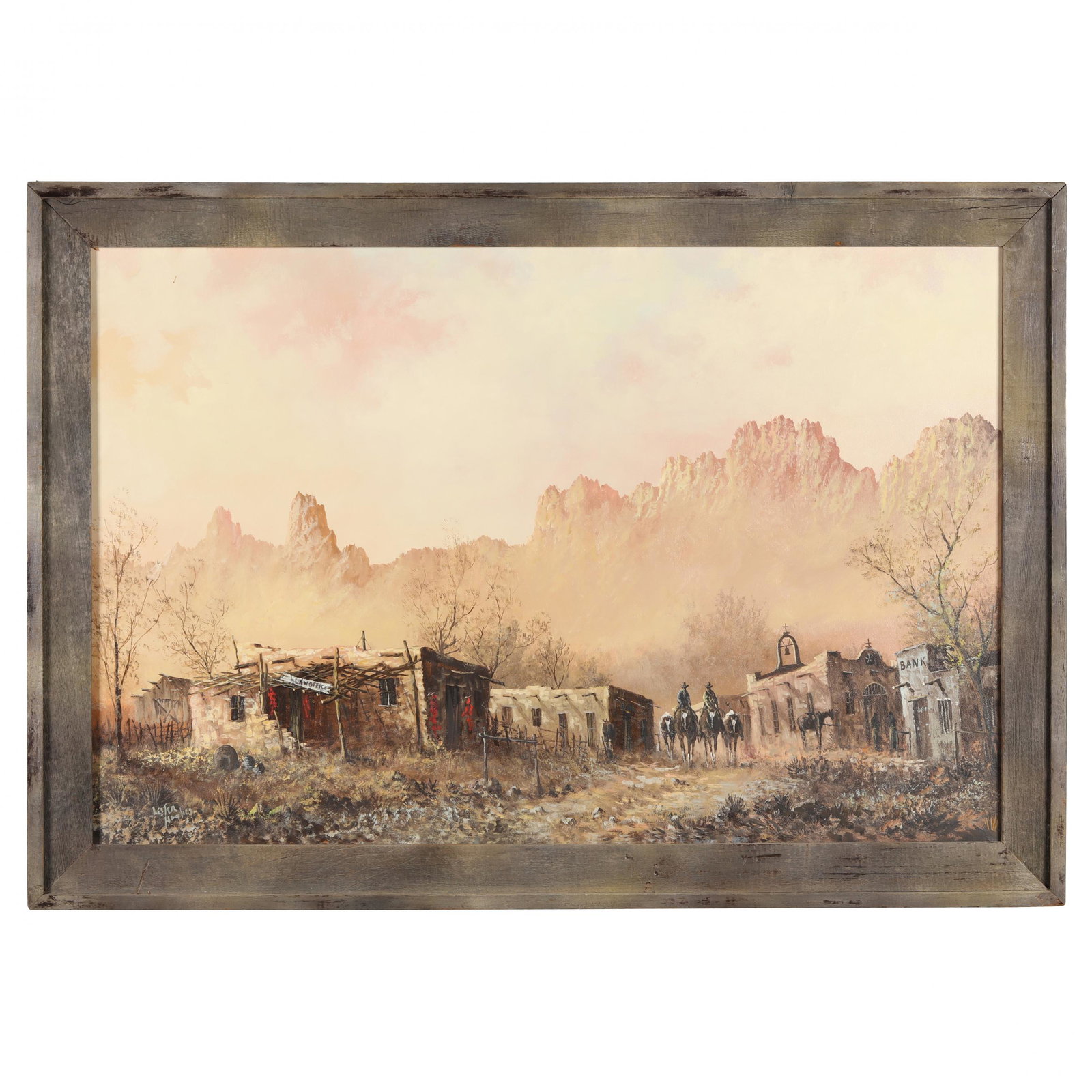Lester Hughes (American, 1938-2021), Southwest Mining: Lester Hughes (American, 1938-2021), Southwest Mining Townoil on canvas, signed at lower left, presented in a weathered wood frame. Frame dimensions 28 1/2 x 40 in. Lester Hughes was a lifelong reside