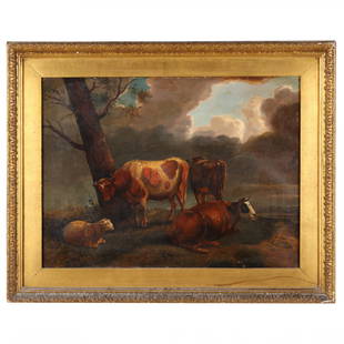 after Paulus Potter (Dutch, 1625-1654), Cattle and: after Paulus Potter (Dutch, 1625-1654), Cattle and Sheepoil on canvas, unsigned, early 19th century, presented in an antique gilt frame with composition ornament Stretcher size 18 x 24 in.; Frame dime