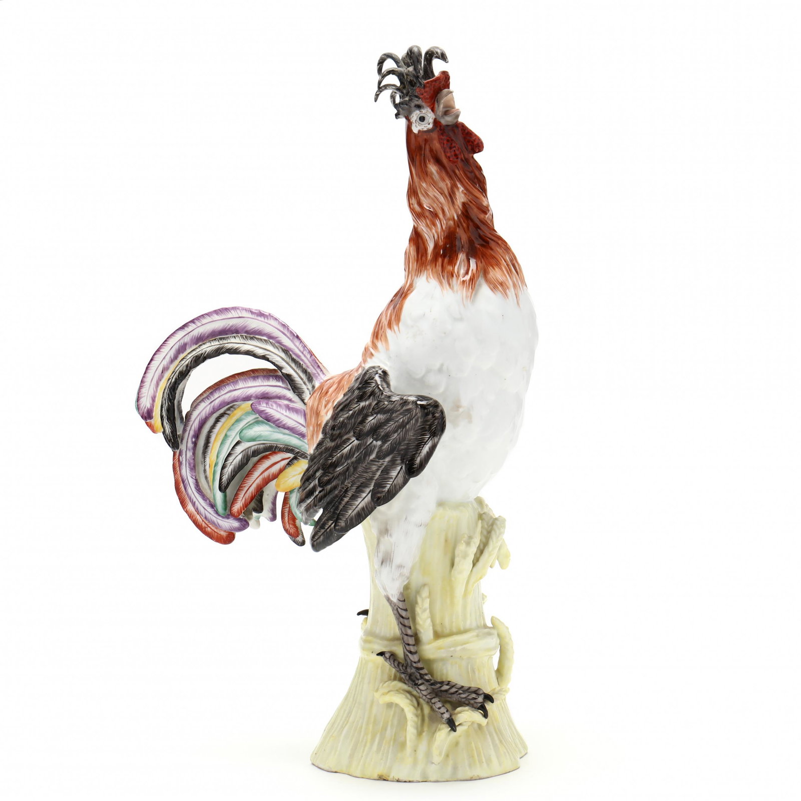 A Samson Porcelain Meissen Style Model of a Paduan: A Samson Porcelain Meissen Style Model of a Paduan Cockerel circa 1900, after the 18th century Kandler model, the cockerel is portrayed crowing and perched astride a base of corn sheaves, hand-painted