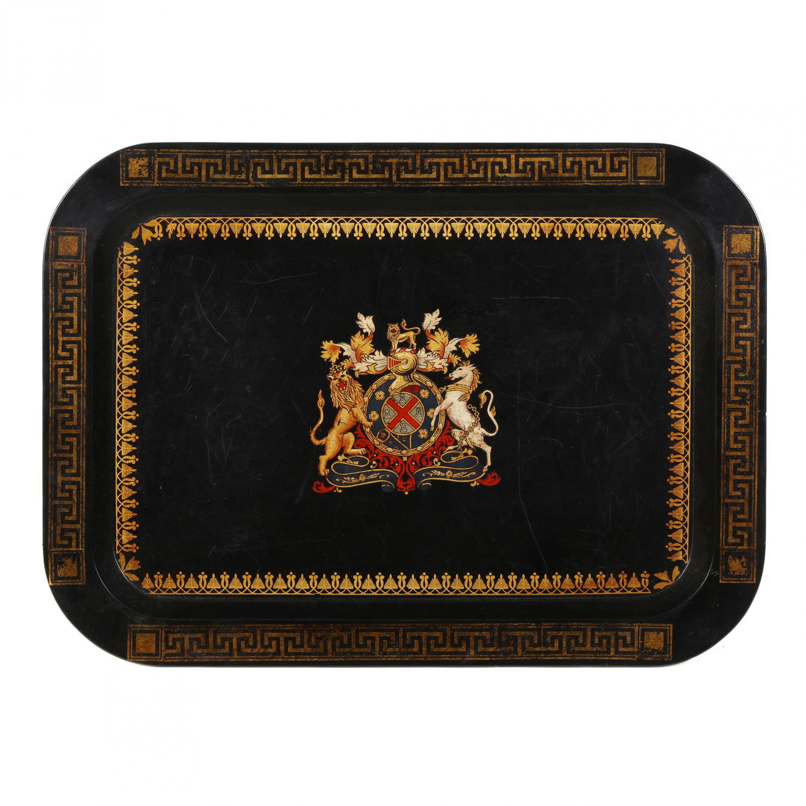 A Papier Mache Tray With Royal Coat of Arms: A Papier Mache Tray With Royal Coat of Armsmid 20th century, polychrome painted and gilt, on a black lacquered ground, the center depicting the British royal coat of arms, the interior borders with gi