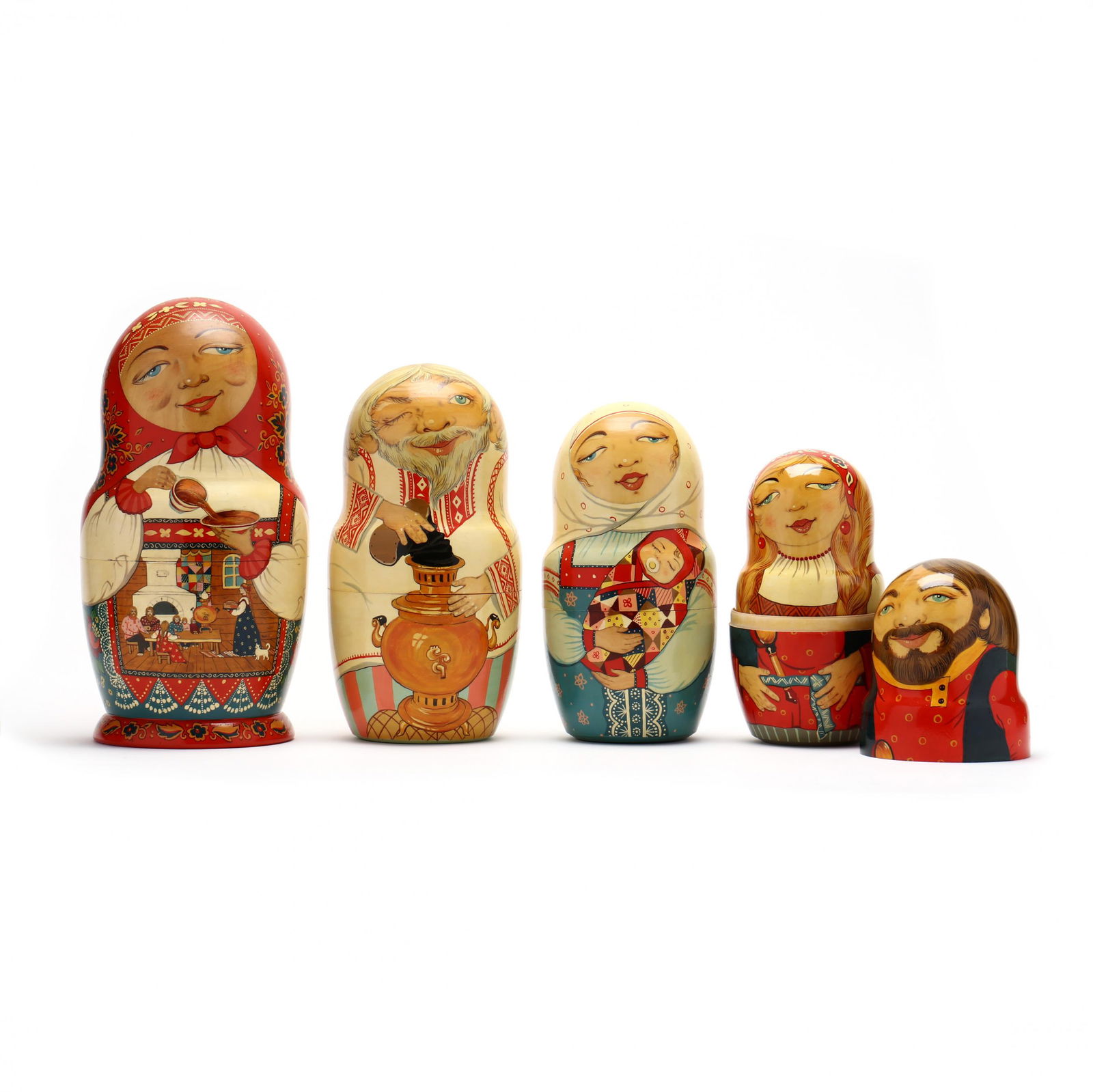 Russian Matryoshka Nesting Doll: Russian Matryoshka Nesting Doll20 piece set, turned linden wood, polychrome lacquered, including 13 figures, a dog, cat, and (5) mice, the largest figure signed to underside in Cyrillic and dated 1996