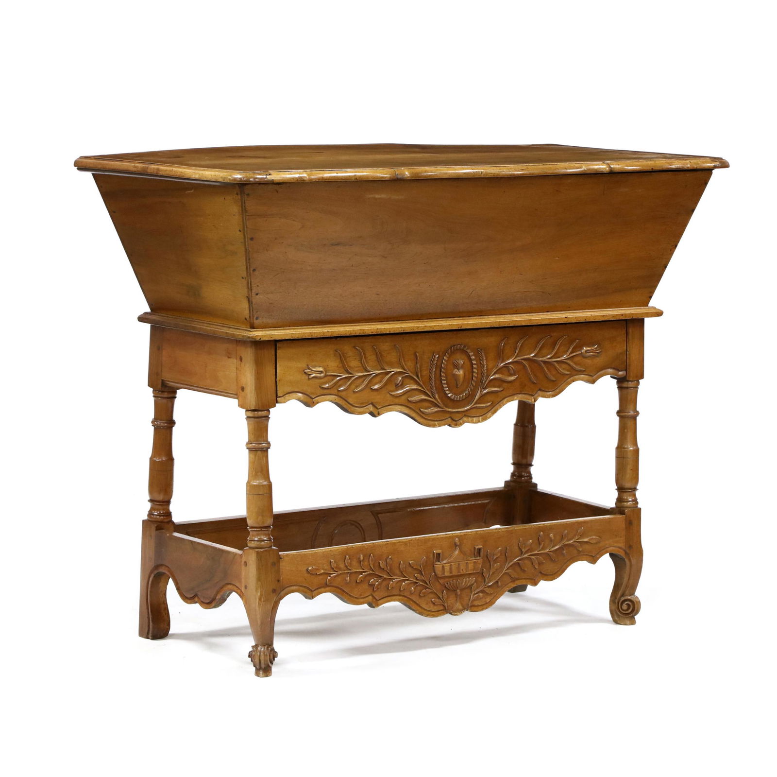 Antique French Carved Walnut Dough Box on Stand: Antique French Carved Walnut Dough Box on Stand19th century, two part form with removable shaped and molded edge lid, tapered box on an old but likely custom stand with a single relief carved drawer,