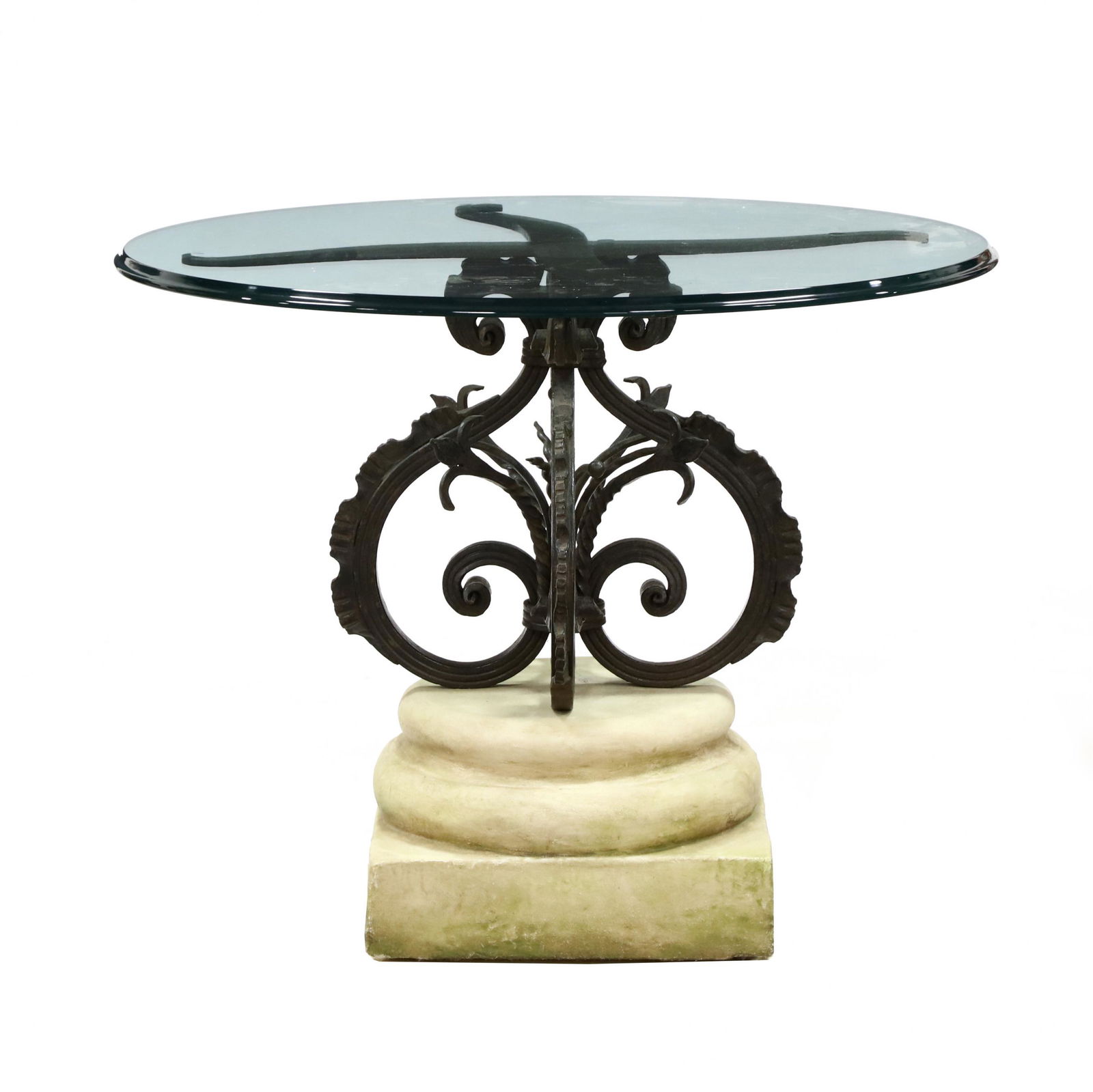 Michael Taylor, Continental Style Iron and Stone: Michael Taylor, Continental Style Iron and Stone Pedestal Tablecontemporary, circular glass top with molded edge, black painted wrought iron base with floral and scroll motif mounted to a stone base,