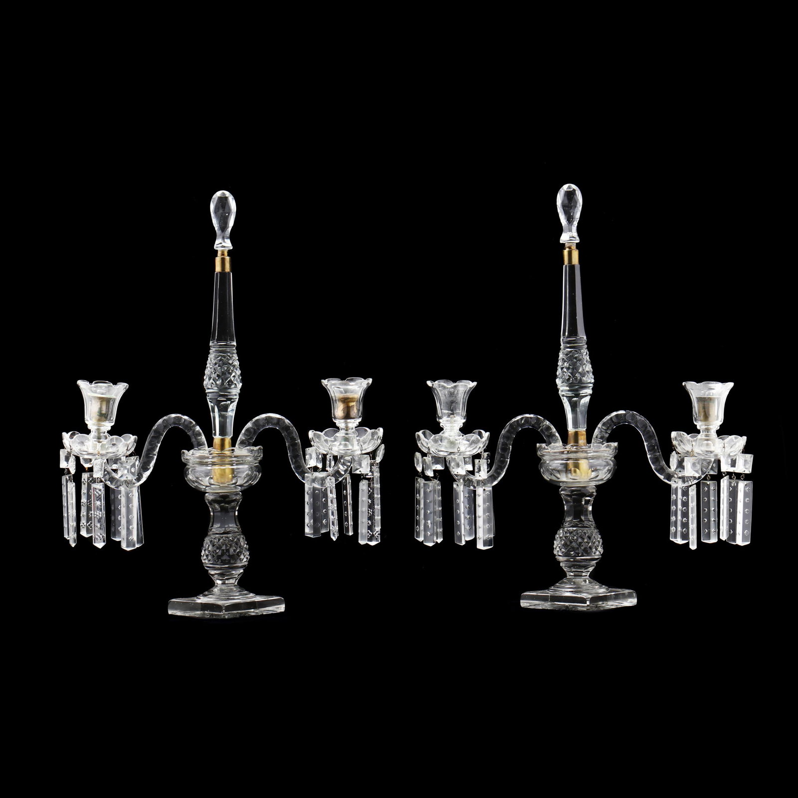 Pair of Cut Crystal Girandoles: Pair of Cut Crystal Girandoles 20th century, baluster form column supporting a central cup and two upswept candle arms, each terminating in shaped sconce and bobeche with hanging rectangular prism dec