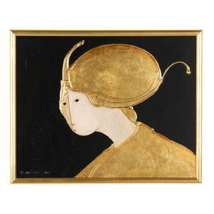 Stephen White (NC), Portrait of a Woman in Gold: Stephen White (NC), Portrait of a Woman in Goldoil and gold leaf on panel, signed and dated 1987 at lower left, in gilt frame. Frame dimensions 17 x 21 in. Stephen White is an acclaimed artist living