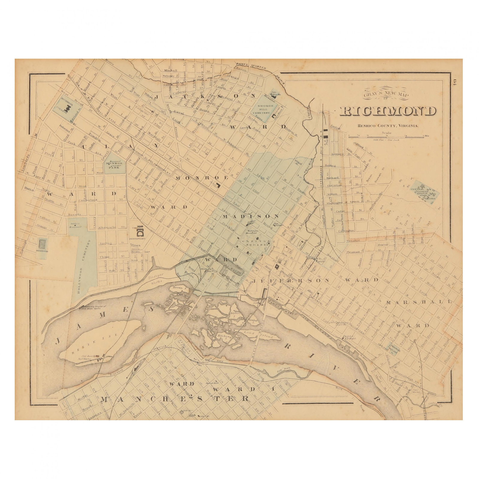 Gray, Ormando. Gray's New Map of Richmond Henrico: Gray, Ormando. Gray's New Map of Richmond Henrico County, Virginia circa 1878, steel engraving with color, presented in a mid-20th century black wooden frame with gilt liner. This detailed map show th