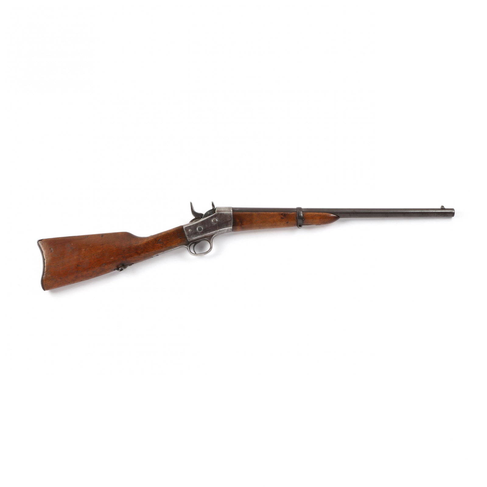 Whitney-Remington .45 Caliber Rolling Block Carbine: Whitney-Remington .45 Caliber Rolling Block Carbine no markings, circa 1880s, 20-1/2 in. round barrel, walnut stock, iron mounts throughout, one sling swivel present. Overall length 36 in. Private Col