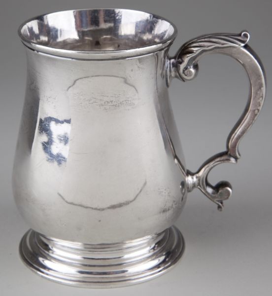 George III Sterling Silver Tankard: George III Sterling Silver Tankard with sponsor's mark for Richard Gurnsey & Thomas Cook, London, 1761 date letter, well balanced baluster form with applied acanthus motif handle, stepped ring foot. 4